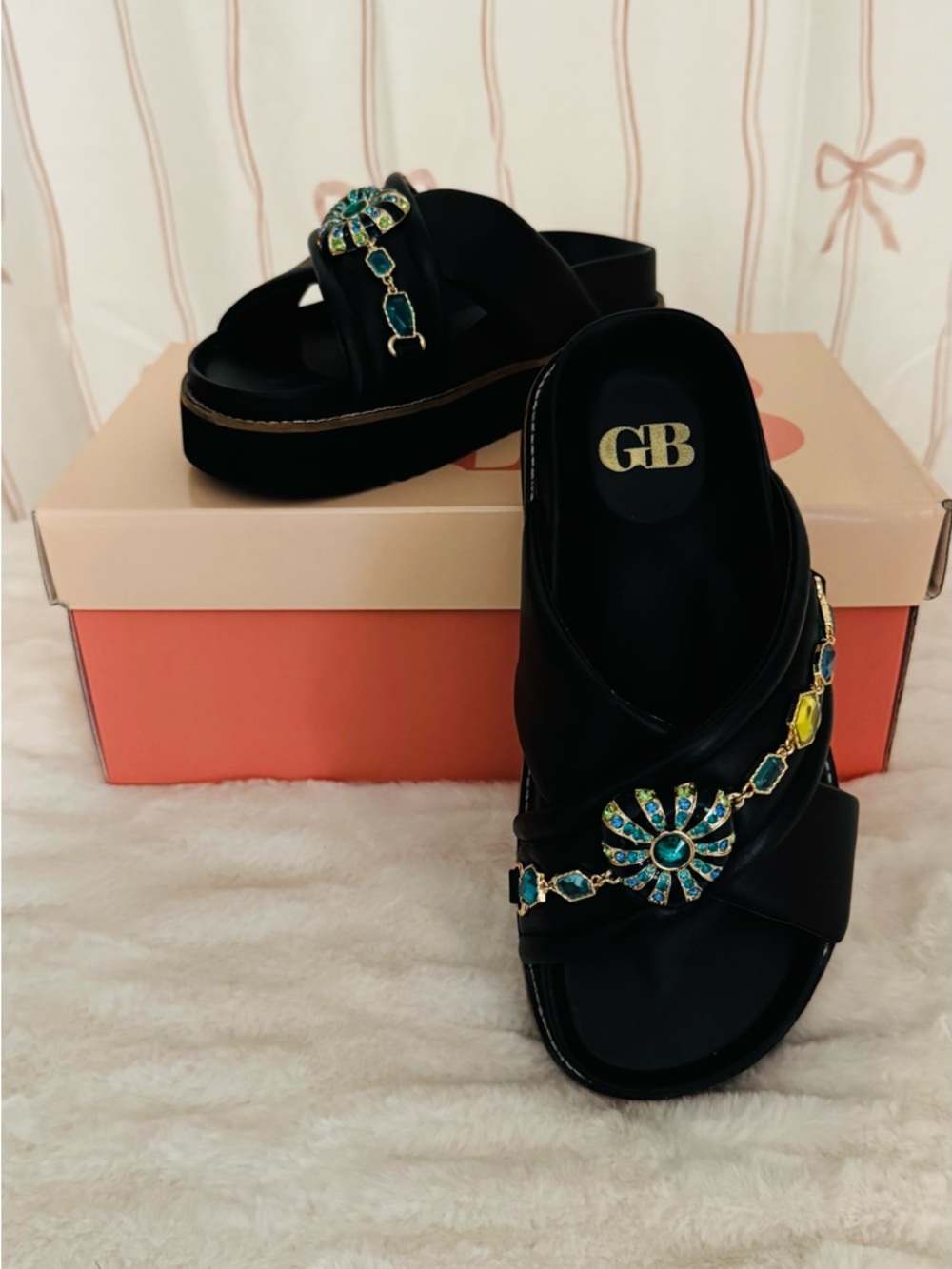 Gianni Bini Black Jeweled Platform Slide Sandals with Turquoise & Yellow Accents